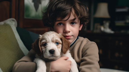 Cute little boy with a puppy of the English Cocker Spanielの素材