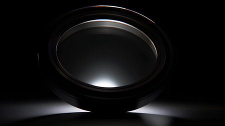 Camera lens isolated on black background. 3d render. Lens focus.の素材