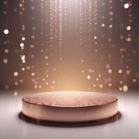 Abstract 3d render of round podium with golden lights. Luxury background.の素材