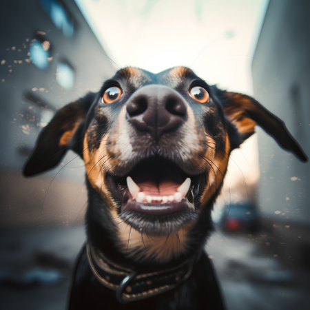 Portrait of a black dog on the street. Dog looking at the camera.の素材
