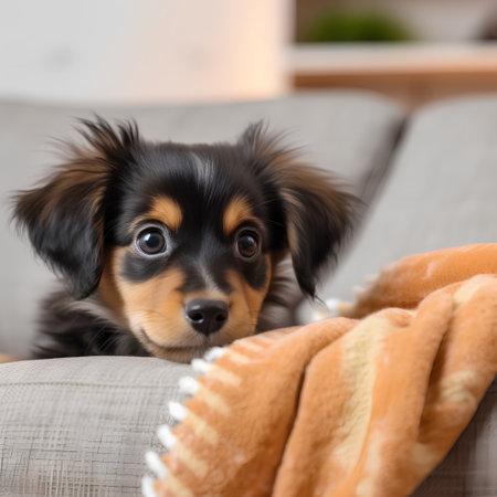 Cute little chihuahua puppy resting on sofa at homeの素材