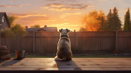 A dog sits on a wooden table in the yard at sunset.の素材