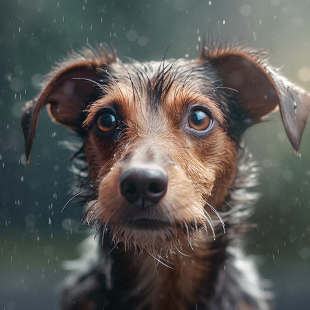 Portrait of a cute dog on a background of the rain.の素材