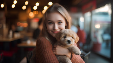 Beautiful young woman with cute puppy in cafe. Soft focus.の素材