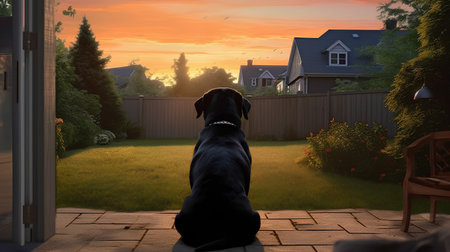 Dog sitting in front of a house at sunset, back view.の素材