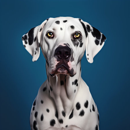 Studio shot of a beautiful Dalmatian dog, isolated on blue background.の素材