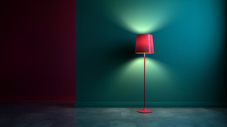 Interior of empty room with red wall and floor lamp. 3D renderingの素材