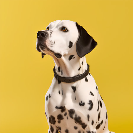 Studio shot of a dalmatian dog isolated on yellow background.の素材