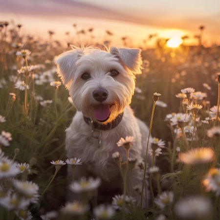 Portrait of a cute dog in daisy field at sunset.の素材
