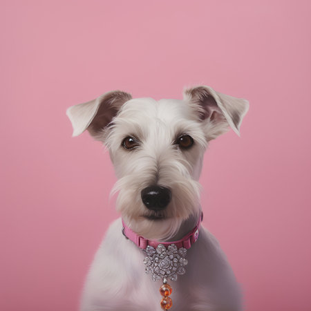 Portrait of a white Jack Russell Terrier on a pink backgroundの素材