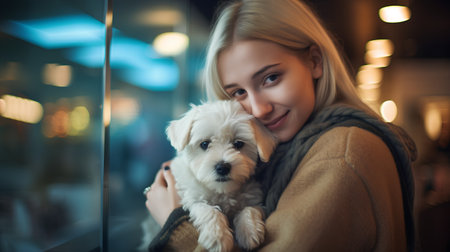 Beautiful young woman with a maltese dog in her arms.の素材