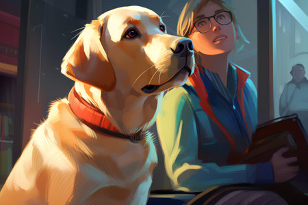 Illustration of a labrador retriever and a young woman in the libraryの素材