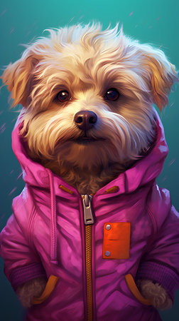 Cute dog in a pink jacket on a green background. Digital painting.の素材