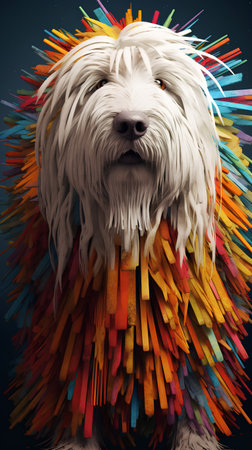 White Maltese dog with colorful abstract background. 3D illustration.の素材