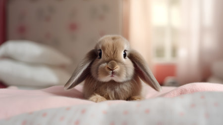Cute little rabbit on bed at home, soft focus background.の素材