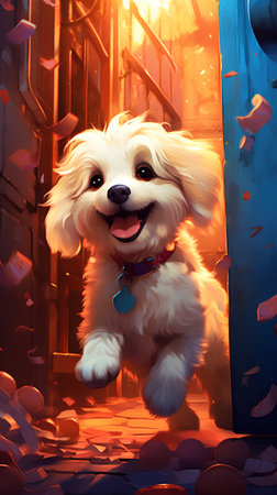 Cute white dog in a red bow tie sits on the background of a blue door.の素材