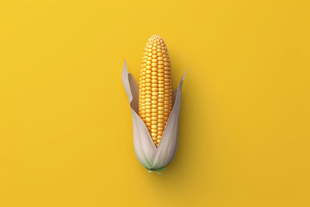 Ear of corn isolated on yellow background. 3d render illustration.の素材