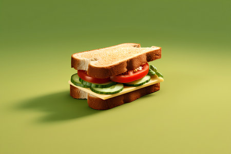 3d illustration of a sandwich with tomato and cucumber on a green backgroundの素材