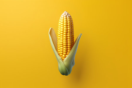 Ear of corn isolated on yellow background. 3d render illustration.の素材