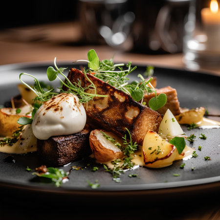 Fried potatoes with sour cream and herbs on a black plate.の素材