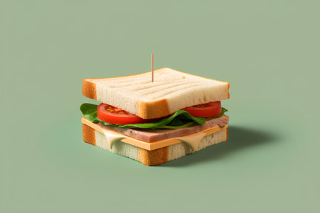 Sandwich with ham, cheese, tomato, lettuce and mayonnaise on green backgroundの素材