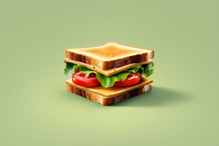 Sandwich with cheese, tomato and lettuce isolated on green background.の素材