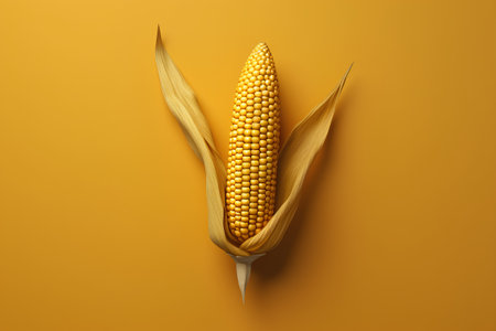Ear of corn on a yellow background. 3d rendering, 3d illustration.の素材