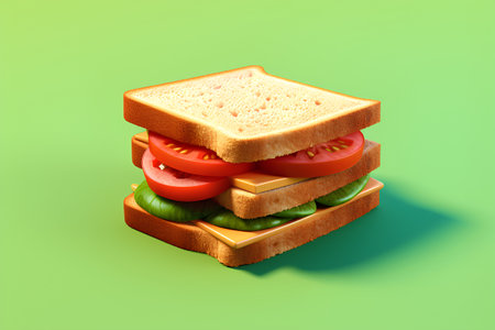 3d illustration of a sandwich with tomato and lettuce on a green backgroundの素材