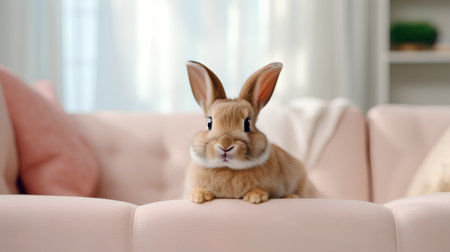Cute little rabbit on sofa at home. Easter holiday concept.の素材