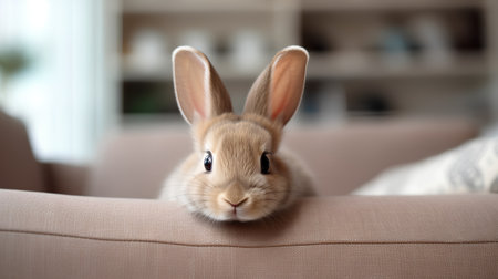 Cute little rabbit on sofa at home, closeup. Easter bunnyの素材