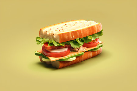 Sandwich with ham, cheese, tomato and lettuce. 3d illustrationの素材