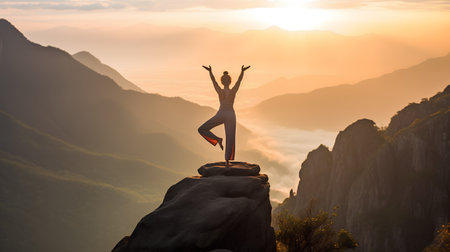 Silhouette of a woman practicing yoga on the edge of a cliff.の素材