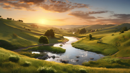 Beautiful summer landscape with mountain river and green hills at sunset.