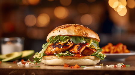 Bacon burger with chicken fillet and arugula on wooden tableの素材