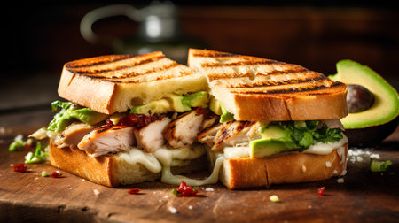 Sandwich with chicken, avocado and sauce on a wooden background.の素材