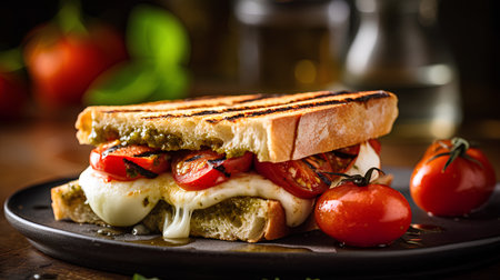 Grilled sandwich with mozzarella cheese and tomatoes on wooden tableの素材