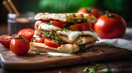 Ciabatta with mozzarella, tomatoes and pesto sauceの素材