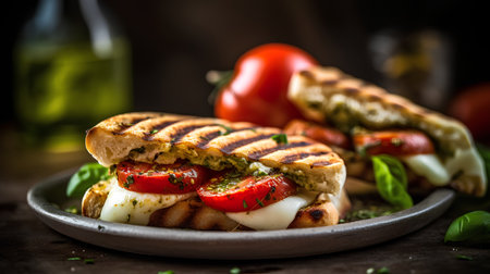 Grilled panini with mozzarella, tomatoes and basil. Italian food.の素材