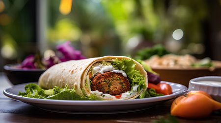 Tortilla wrap with falafel and vegetables on a wooden backgroundの素材