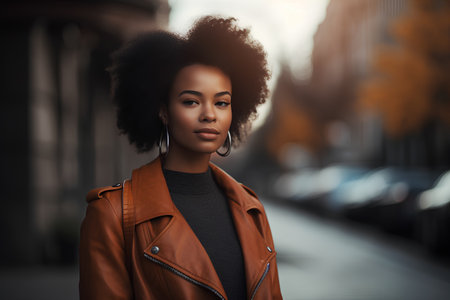 Fashionable african american woman with afro hairstyle wearing brown leather jacket.の素材