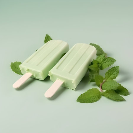 ice cream popsicles with mint leaves on a light green background.の素材