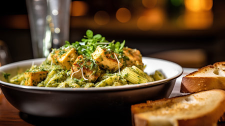 Pasta with pesto sauce in a bowl on the table.の素材