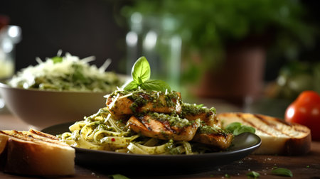 Pasta with pesto sauce and grilled chicken on a dark backgroundの素材