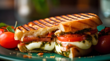 sandwich with mozzarella cheese, tomatoes and pesto sauceの素材