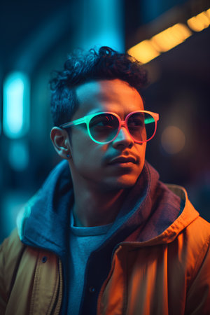 Portrait of a handsome young man in sunglasses in the street at nightの素材