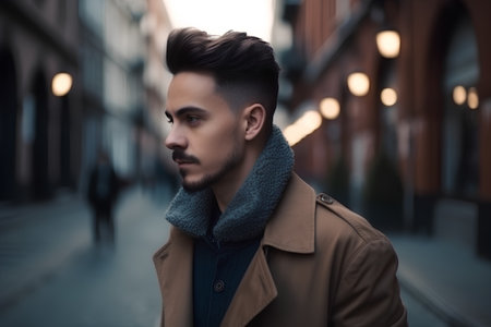 Handsome young man in a coat and scarf in the cityの素材