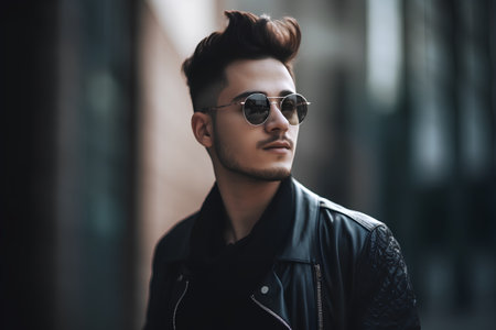 Handsome young man in black leather jacket and sunglasses. Men's beauty, fashion.の素材