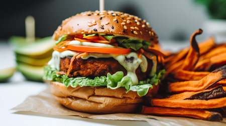 Cheese burger - American cheese burger with fresh salad and french friesの素材