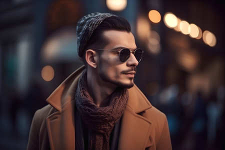 Portrait of a handsome young man in sunglasses and a brown coat.の素材