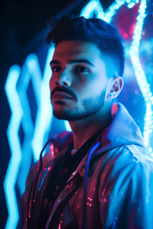 Portrait of a handsome young man in neon lights. Fashion shot.の素材